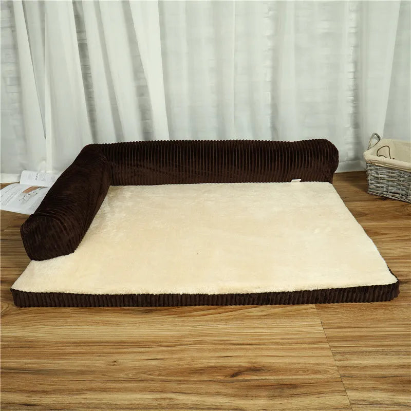 Corduroy pet sofa dog bed in grey colour with a non-slip base, shown in a medium size.