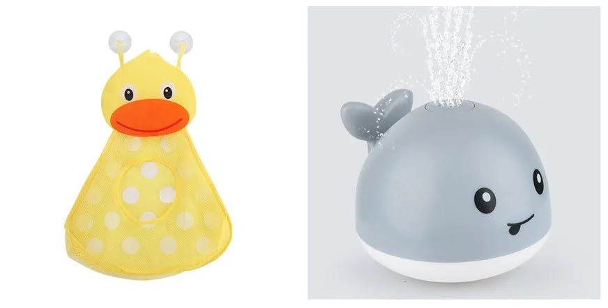White and blue whale-shaped bath toy with water spray and LED lights floating in water