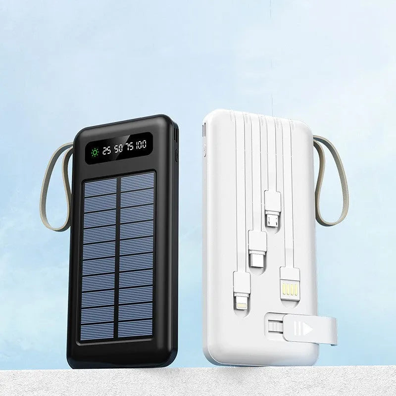 Black and white solar power bank showing its built-in solar panel and USB port.