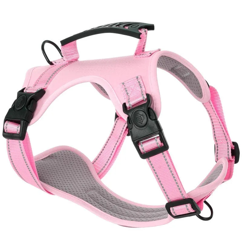 Polyester dog chest harness traction rope in red, shown in a medium size on a dog