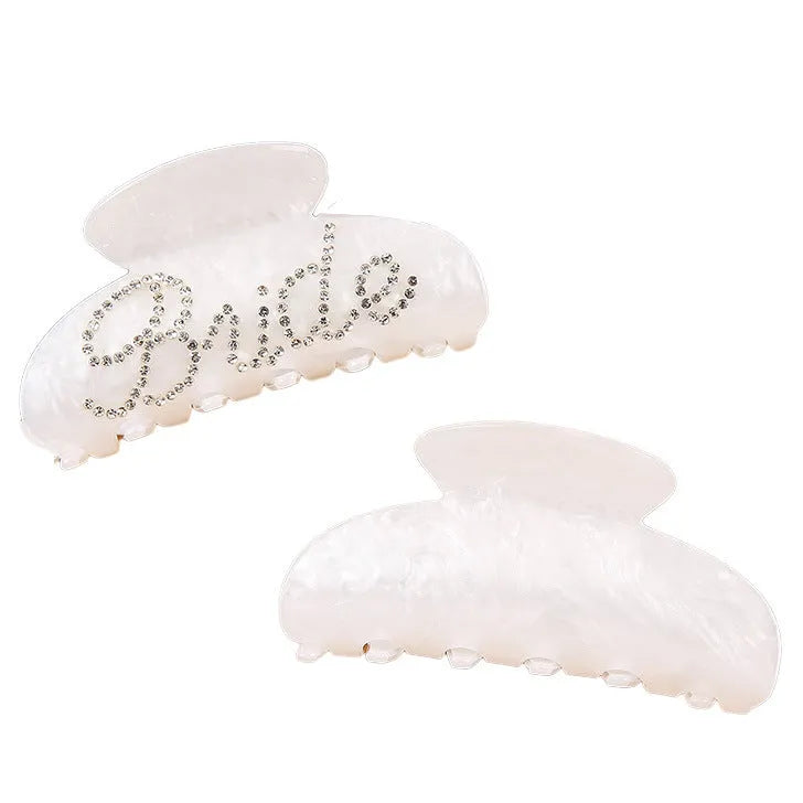 Acrylic hair barrette with multi-diamond spot drilling and English letters on shark clip back