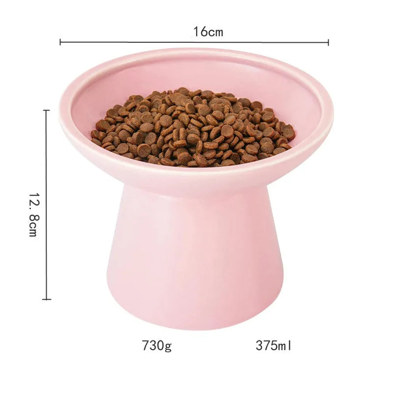 Extra wide elevated ceramic cat food bowl in blue green pink or white with shallow 16cm dish for whisker fatigue relief