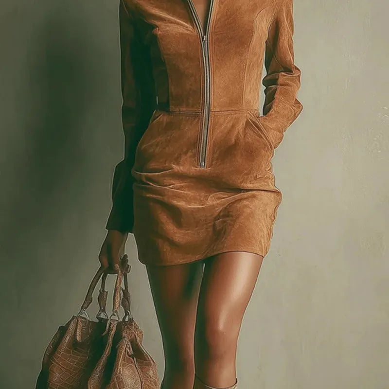 Deerskin velvet French long-sleeve zipper dress short skirt in dark brown, high waist hip-wrapped street hipster style