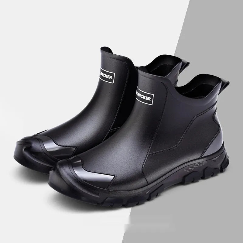 Korean-style PVC short tube rain boots with non-slip plastic soles in black-red colour combination