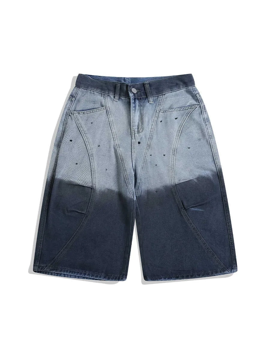 Blue tie-dye gradient washed-out cropped jeans with loose fit and mid-waist design