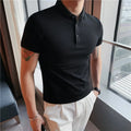 Slim-fit solid colour polo shirt with lapel collar and short sleeves on a hanger.