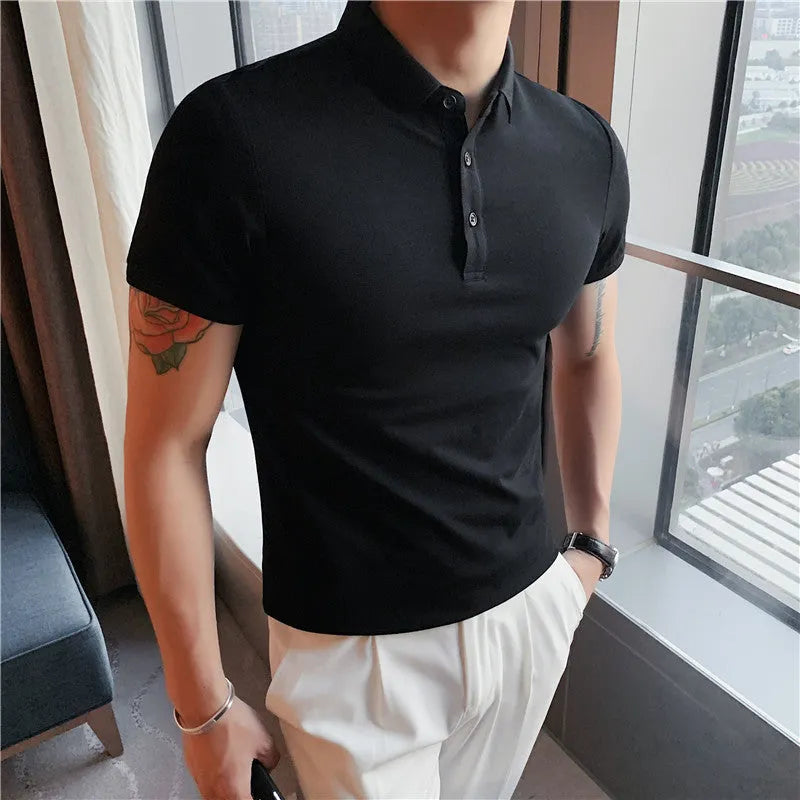 Slim-fit solid colour polo shirt with lapel collar and short sleeves on a hanger.