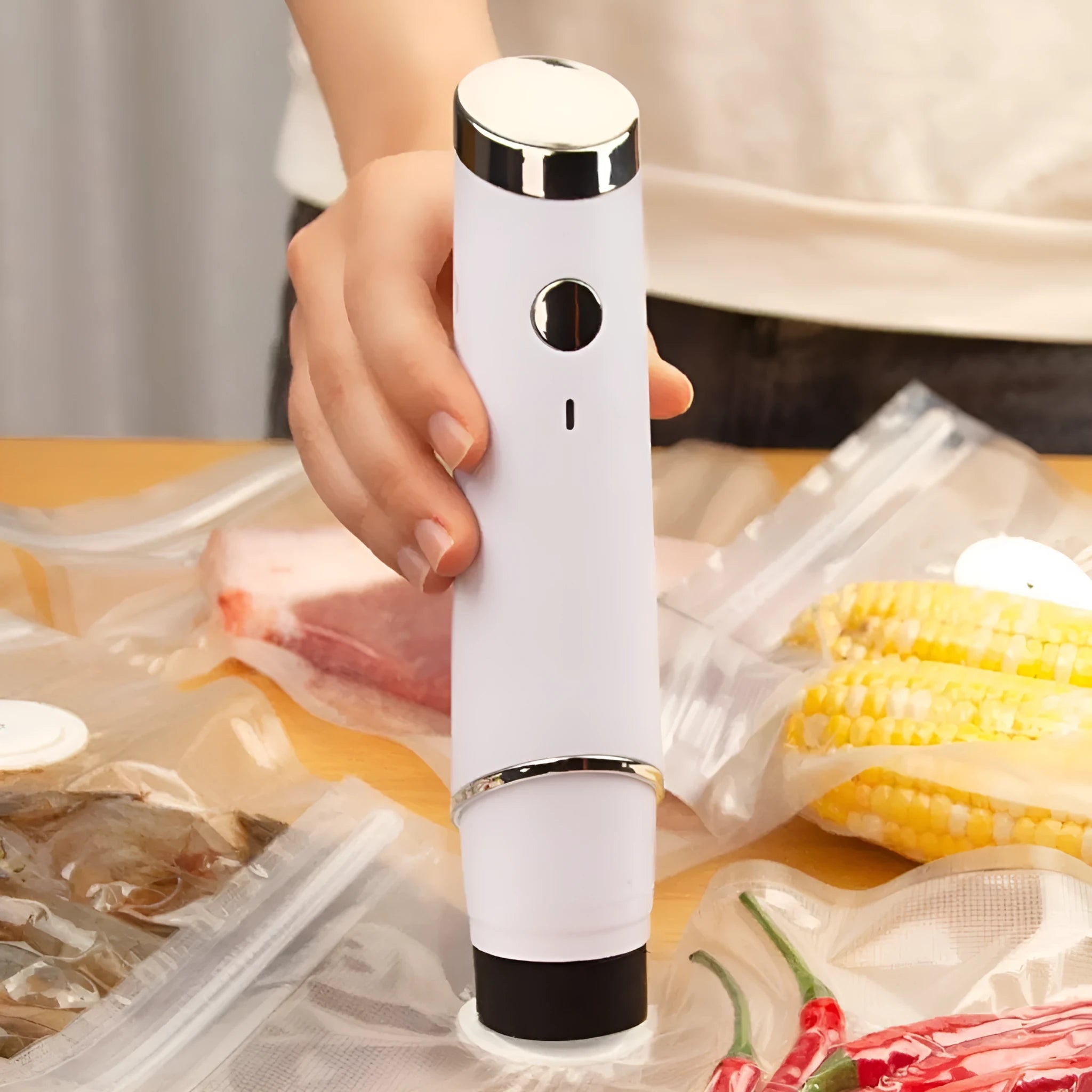 White USB electric vacuum food storage pump with five white 26x28cm plastic zipper bags.