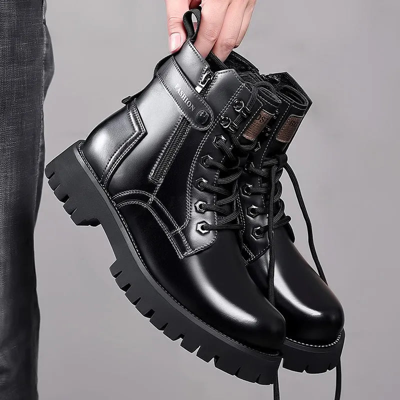 Men's light brown thick-soled high-top Martin boots with side zipper and round toe design