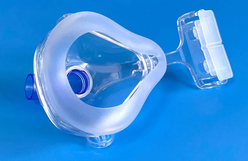 Transparent silicone CPAP breathing mask with headgear and adapter elbow accessories