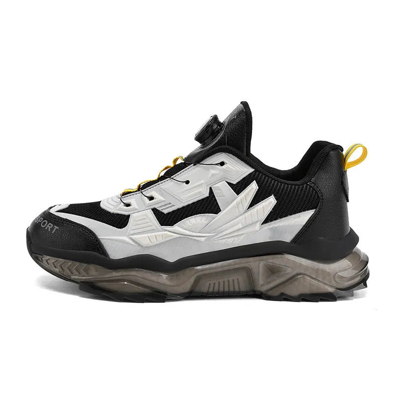 Men's black rotating button casual sneakers with mesh upper and platform sole