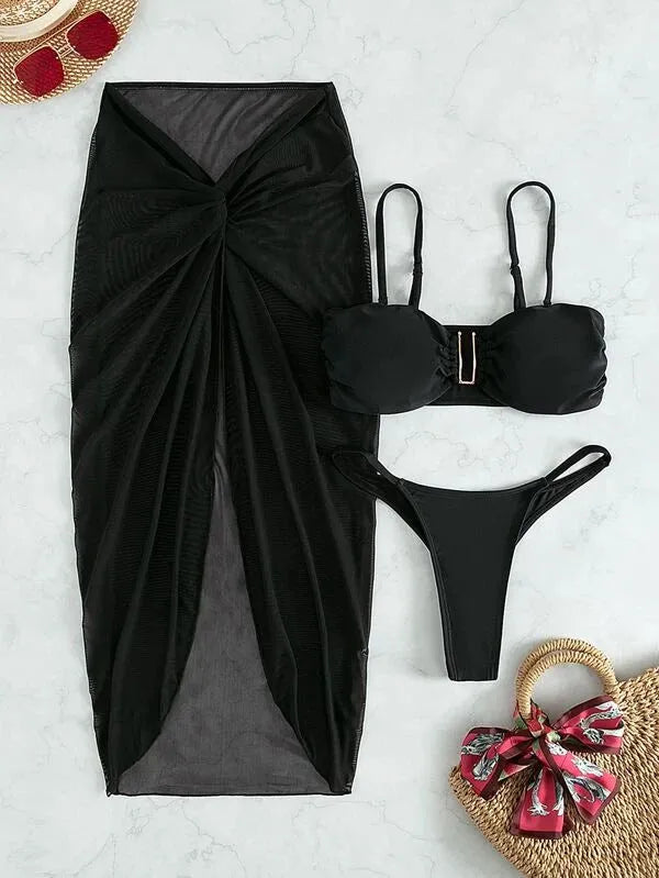 Women's French style three-piece bikini set with long culottes skirt in solid colour