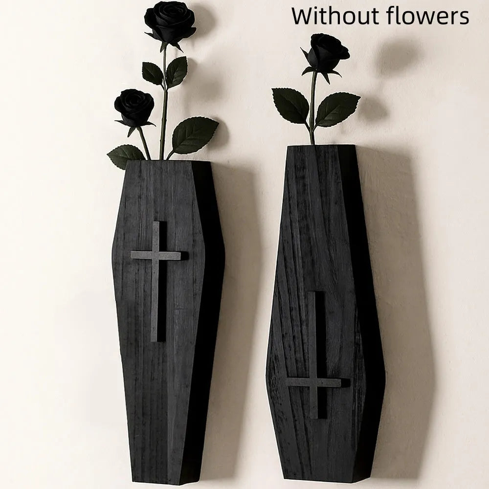 Black wooden cross wall vase shelf measuring 27cm by 9cm for pendant mounting
