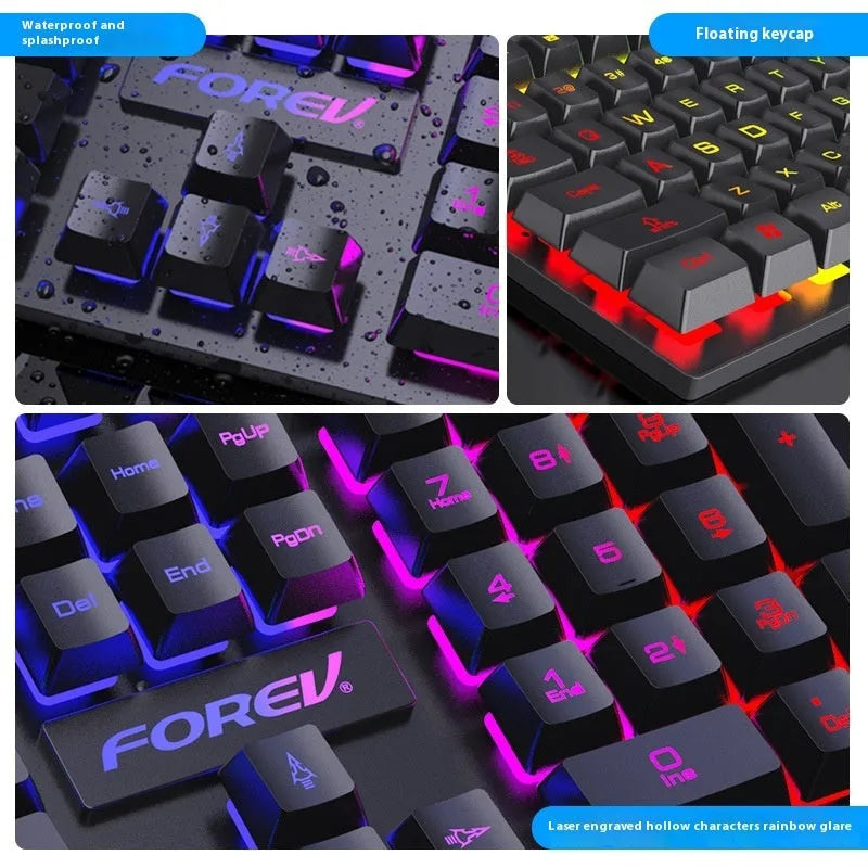 Black 104-key mechanical gaming keyboard with backlight and optical mouse on desktop
