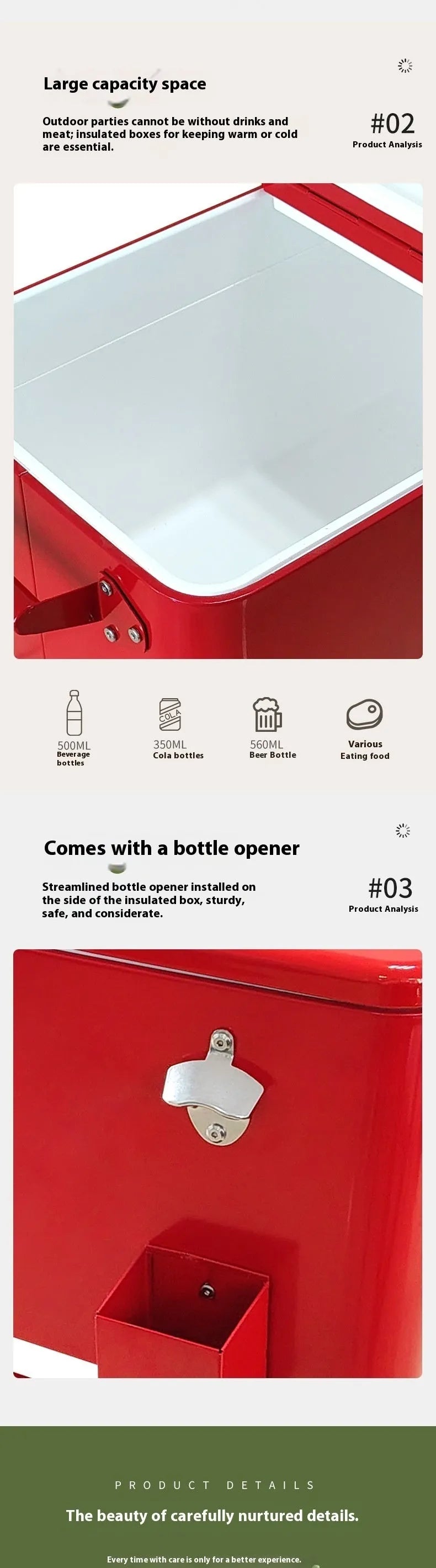 Red outdoor metal insulated trolley cooler box with 750 capacity for picnics.