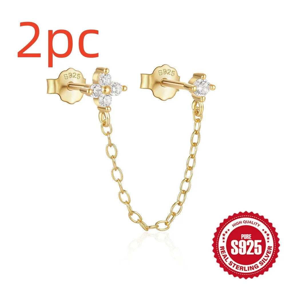 S925 sterling silver geometric earrings with flower and tassel chain decoration in golden finish