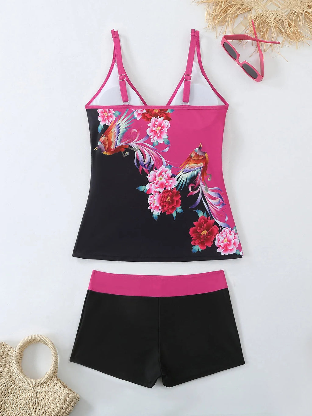 Women's plus size two-piece swimsuit in black or rose red with briefs style design