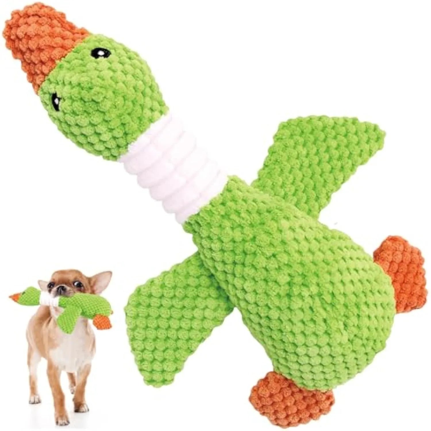Blue duck-shaped plush dog toy with squeakers for chewing and play