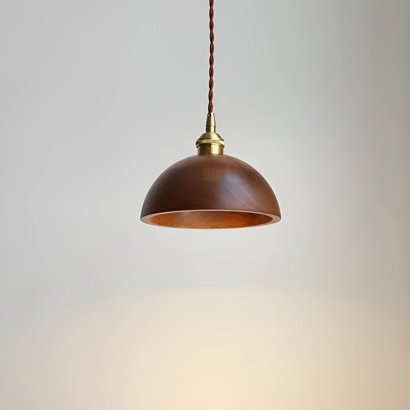 Black walnut finish single-head droplight chandelier with copper and wood art construction.