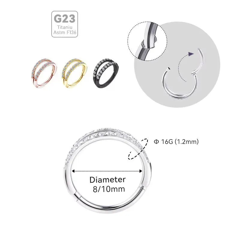 G23 titanium alloy lip and nose ring with zircon monoclinic diamond treatment in steel or gold colour options