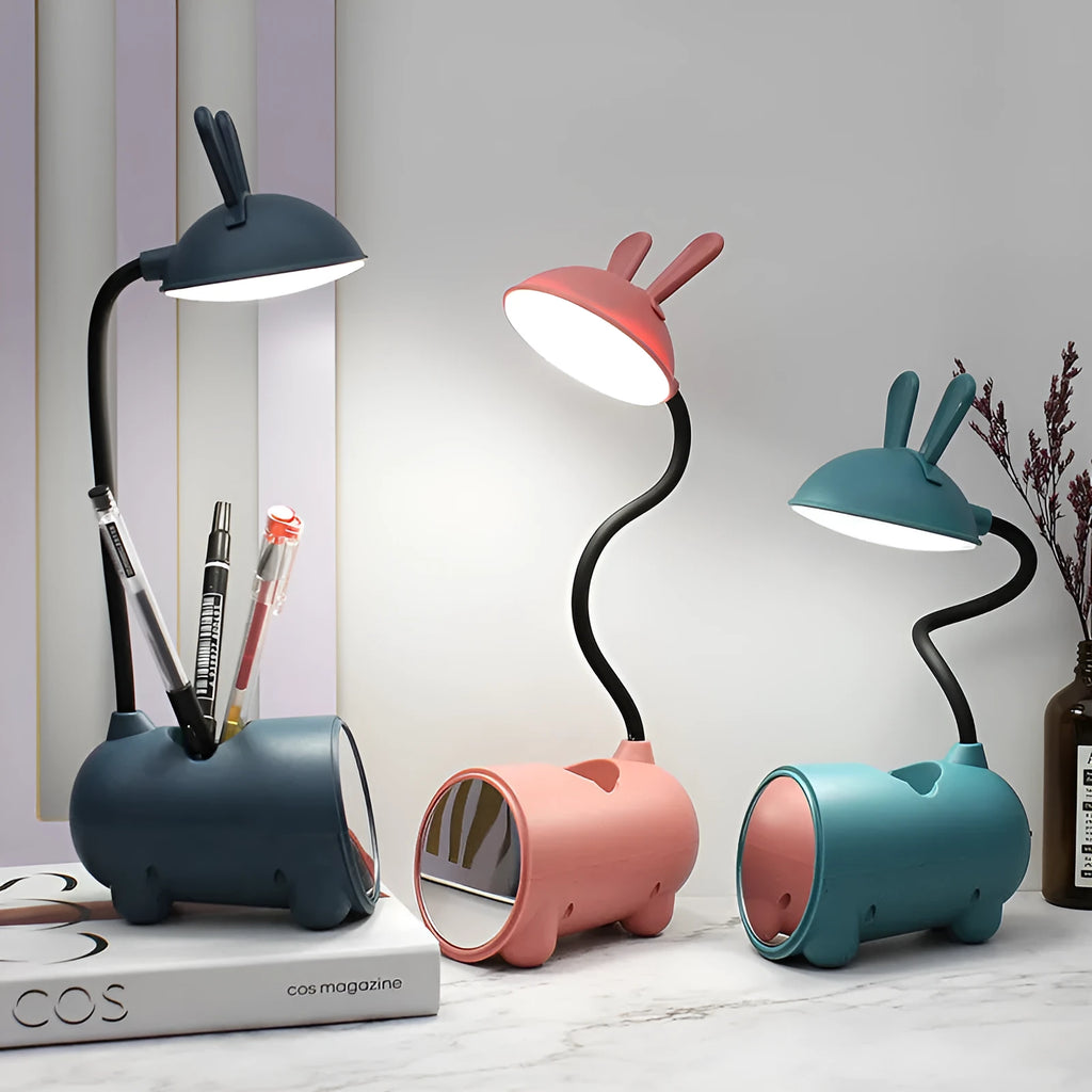 Cartoon style USB desktop table lamp with pen storage container in green colour