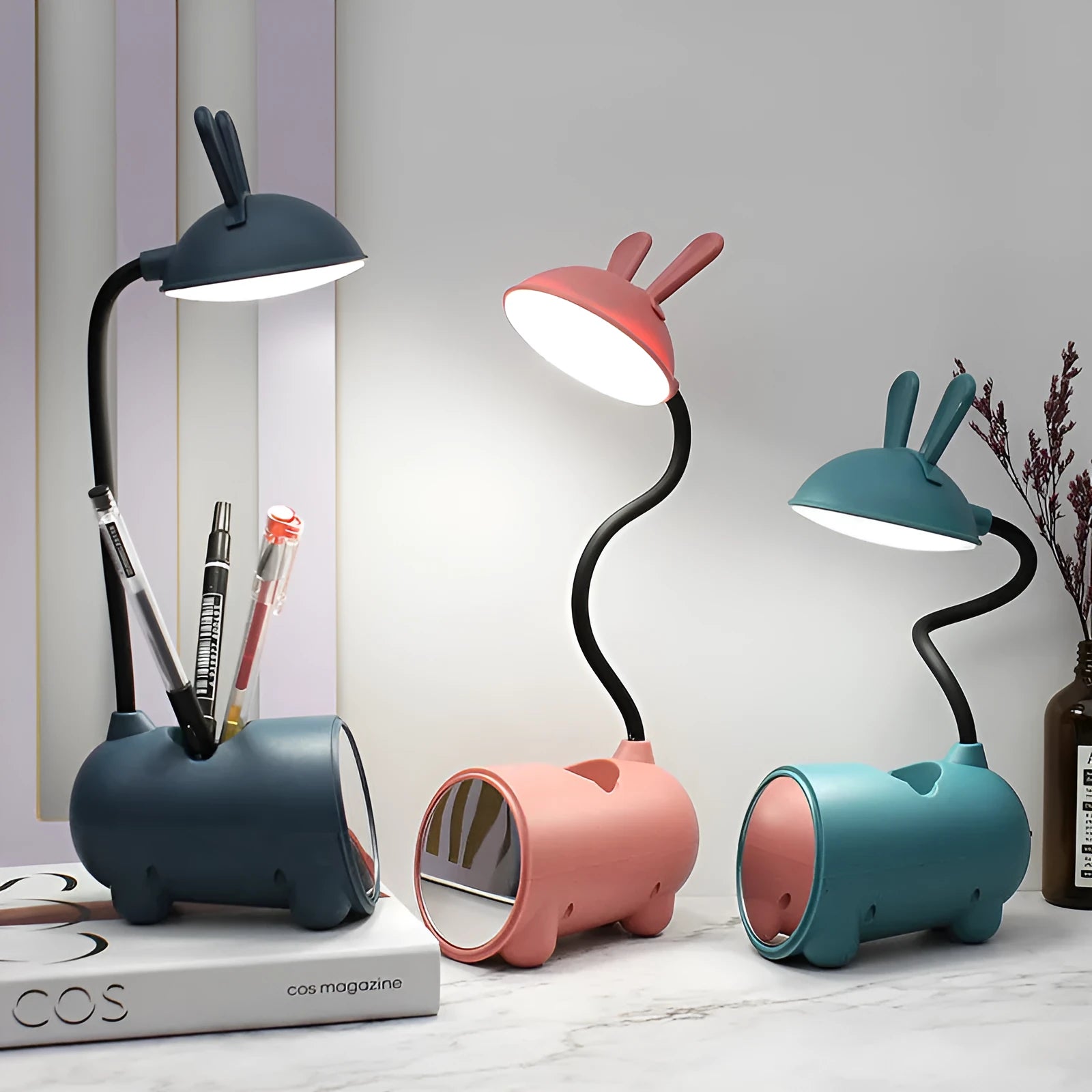 Cartoon style USB desktop table lamp with pen storage container in green colour
