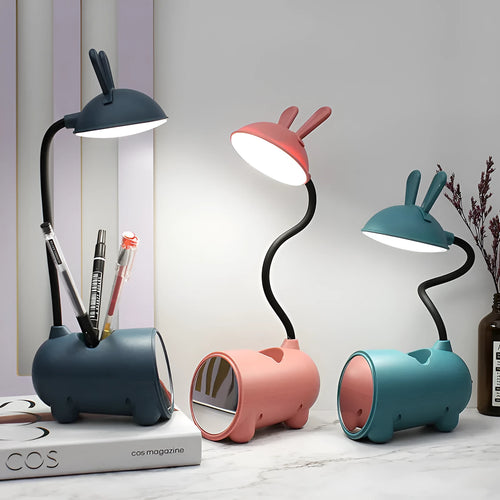 Cartoon style USB desktop table lamp with pen storage container in green colour