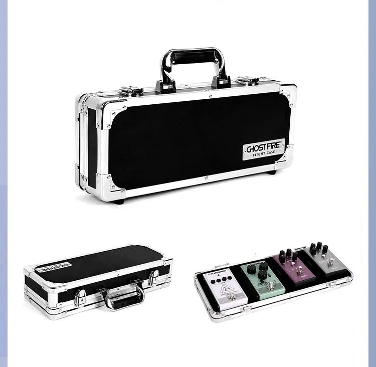 T-EC8 Aviation Box guitar effects unit inside a metal flight case for electric guitar.