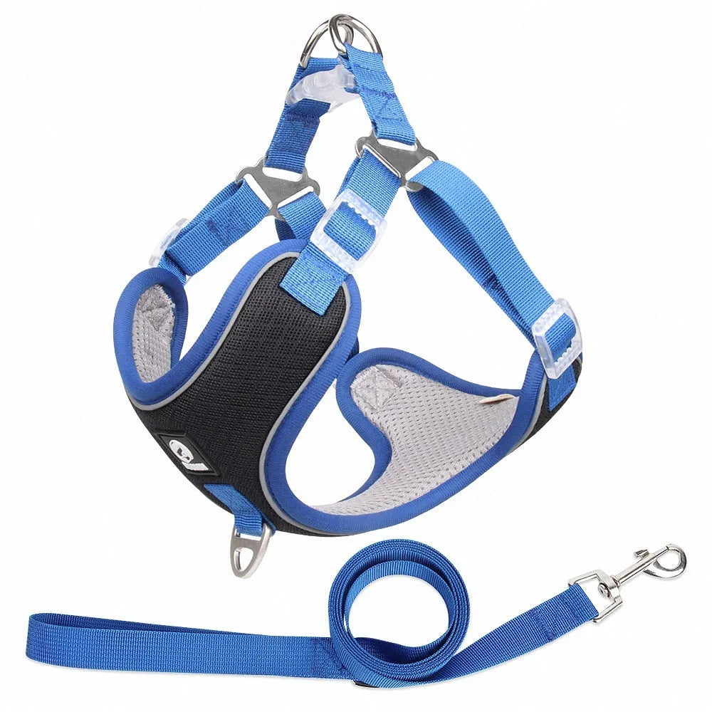 Adjustable dog harness with reflective piping in black, red, grey or light purple colours