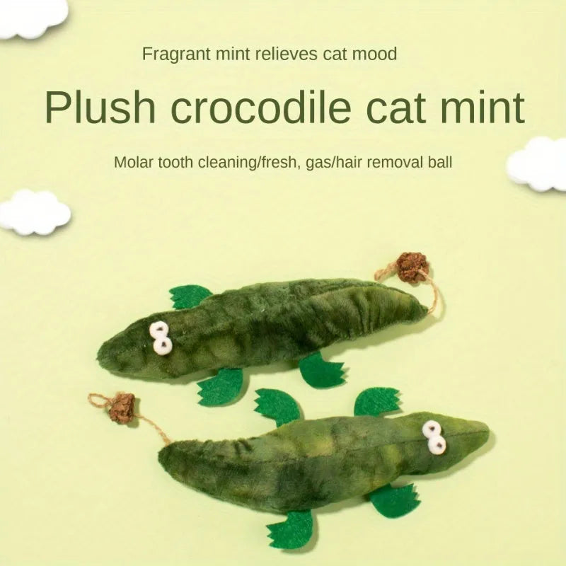 Green plush alligator cat toy with catnip and peppermint scent for dental care
