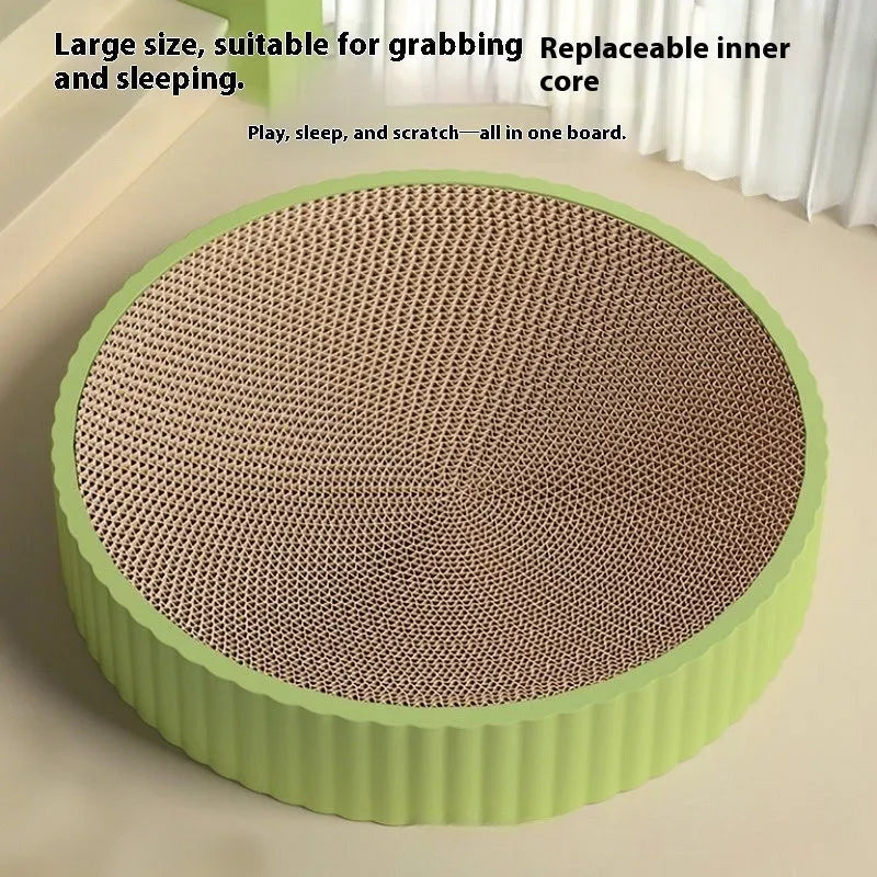 Round green and white cat scratching board with 55cm diameter and replaceable corrugated paper surface
