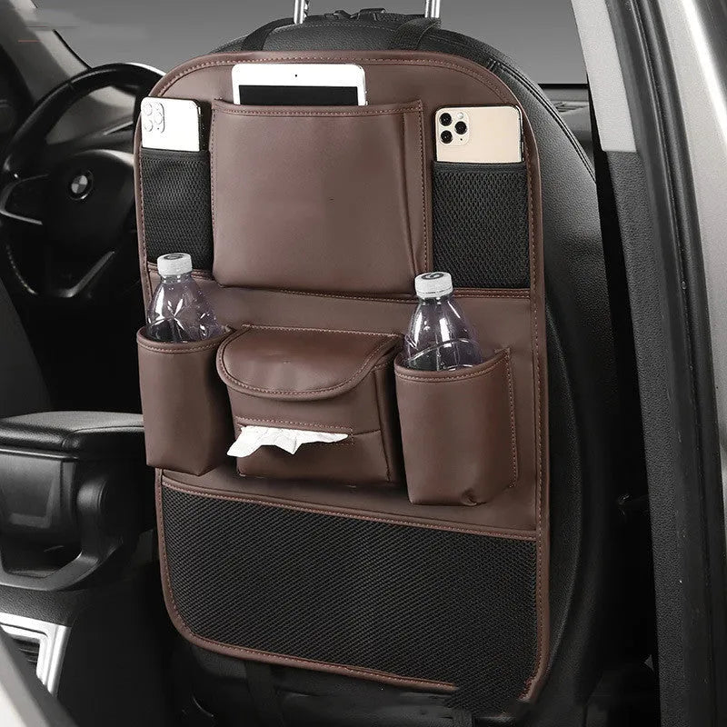 Leather car seat back storage bag in suspended design, shown in available colour options.
