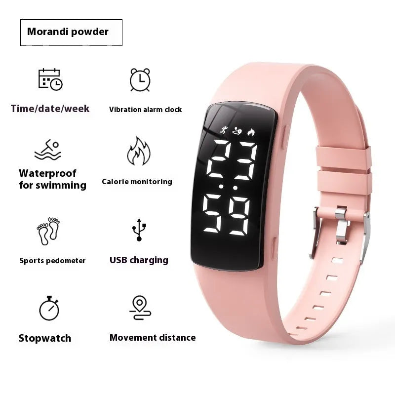 Waterproof vibration alarm clock watch with black silicone strap and LED display showing time