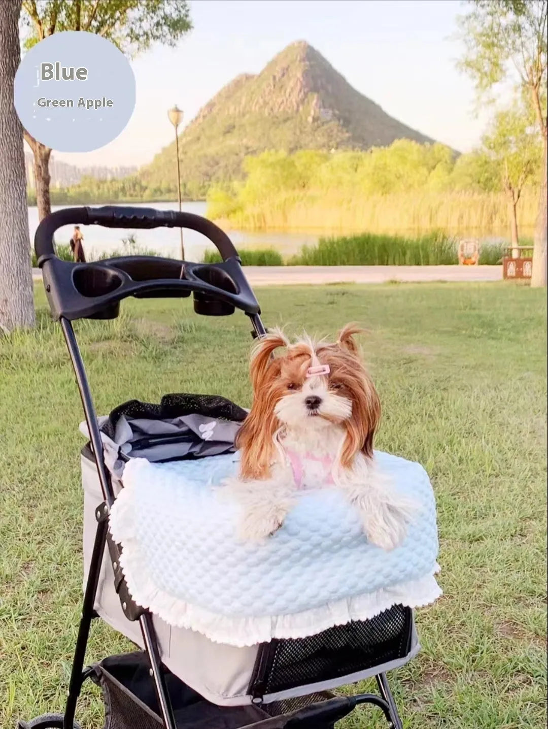 Pet stroller accessory set showing cotton anti-dirty towel, cushion, and pillow in a floral pattern.