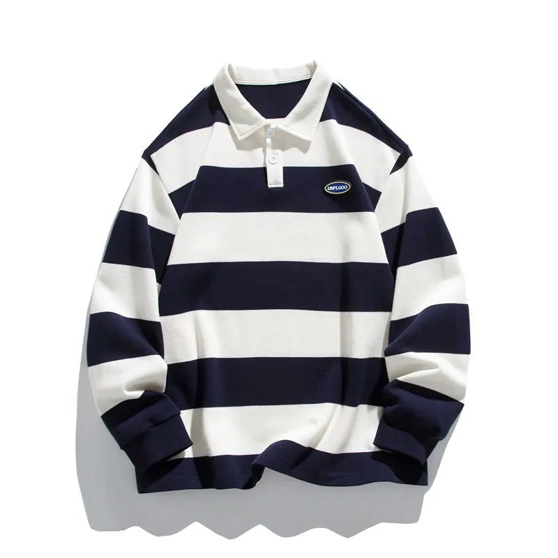 Hong Kong style polo shirt with striped sweater lapel in pearl cotton fabric, loose fit with long sleeves for autumn wear