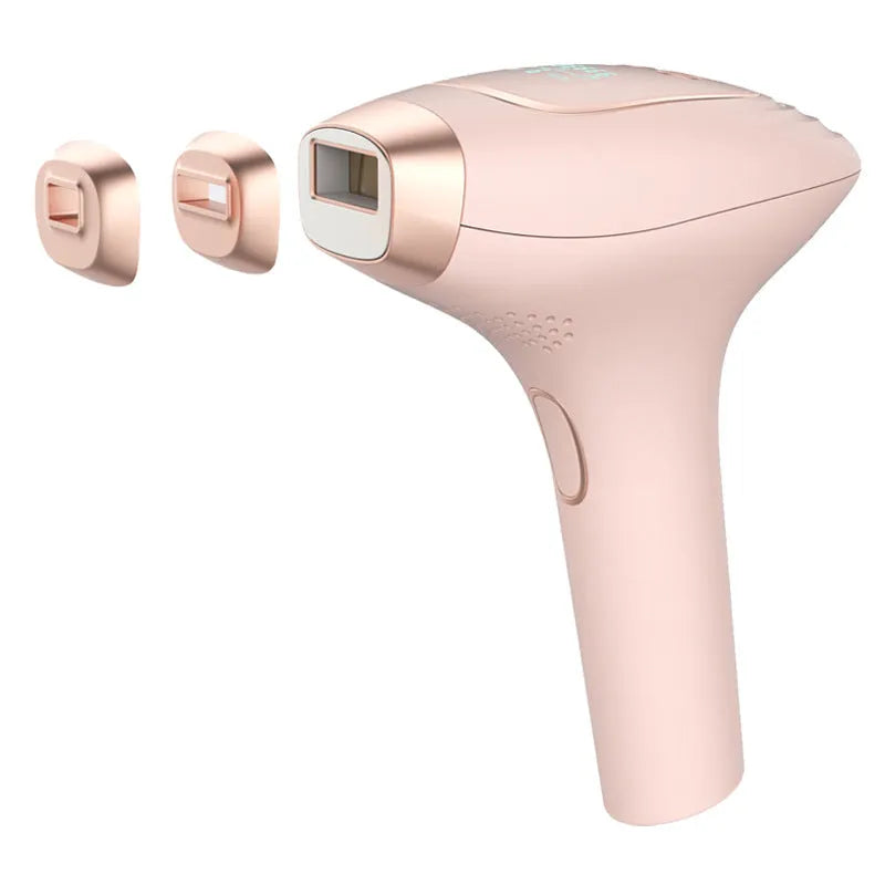 Pink and white three-in-one laser hair removal device with ice-sensing technology and complete accessory kit