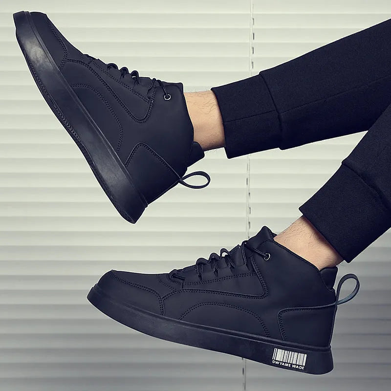 Men's white mid-top lace-up casual shoes with a round toe and rubber sole on a neutral background.