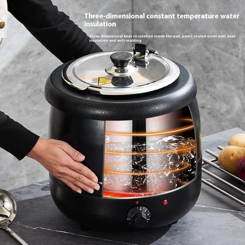 Black stainless steel 10-litre insulation pot with large cover for heat preservation.