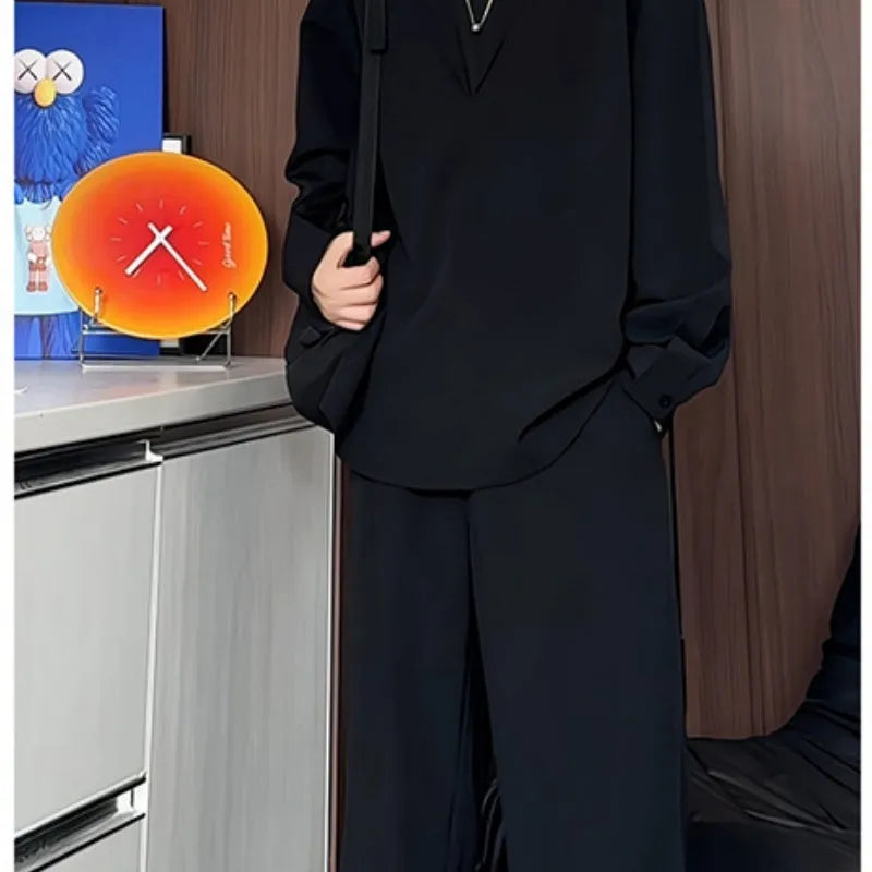 Men's black casual hemp polo shirt and trousers two-piece suit set on a hanger.