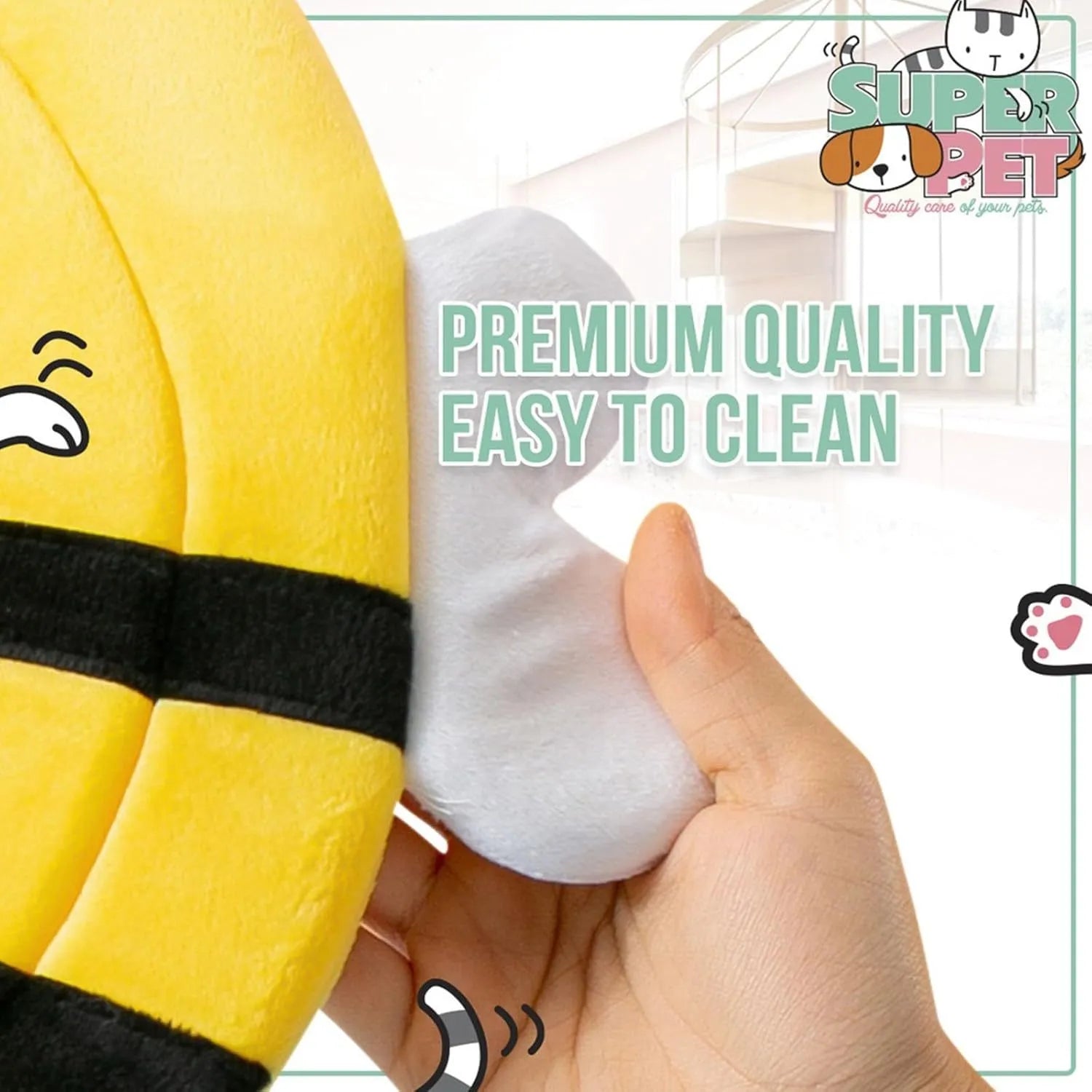 Soft cat cone collar with bee design showing adjustable velcro closure in pet recovery setting