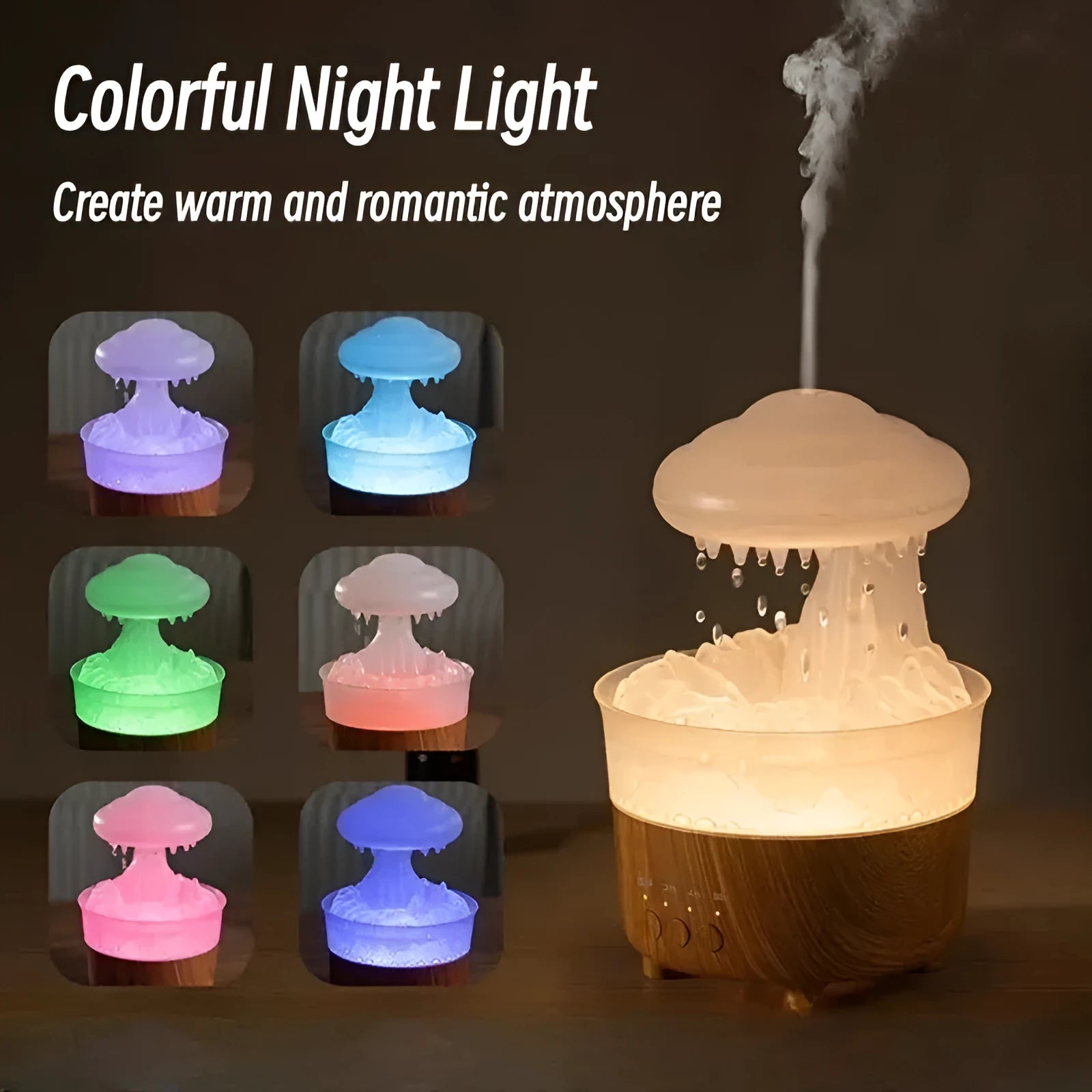 Wood grain green rain cloud shaped humidifier diffuser with coloured LED light on a table.