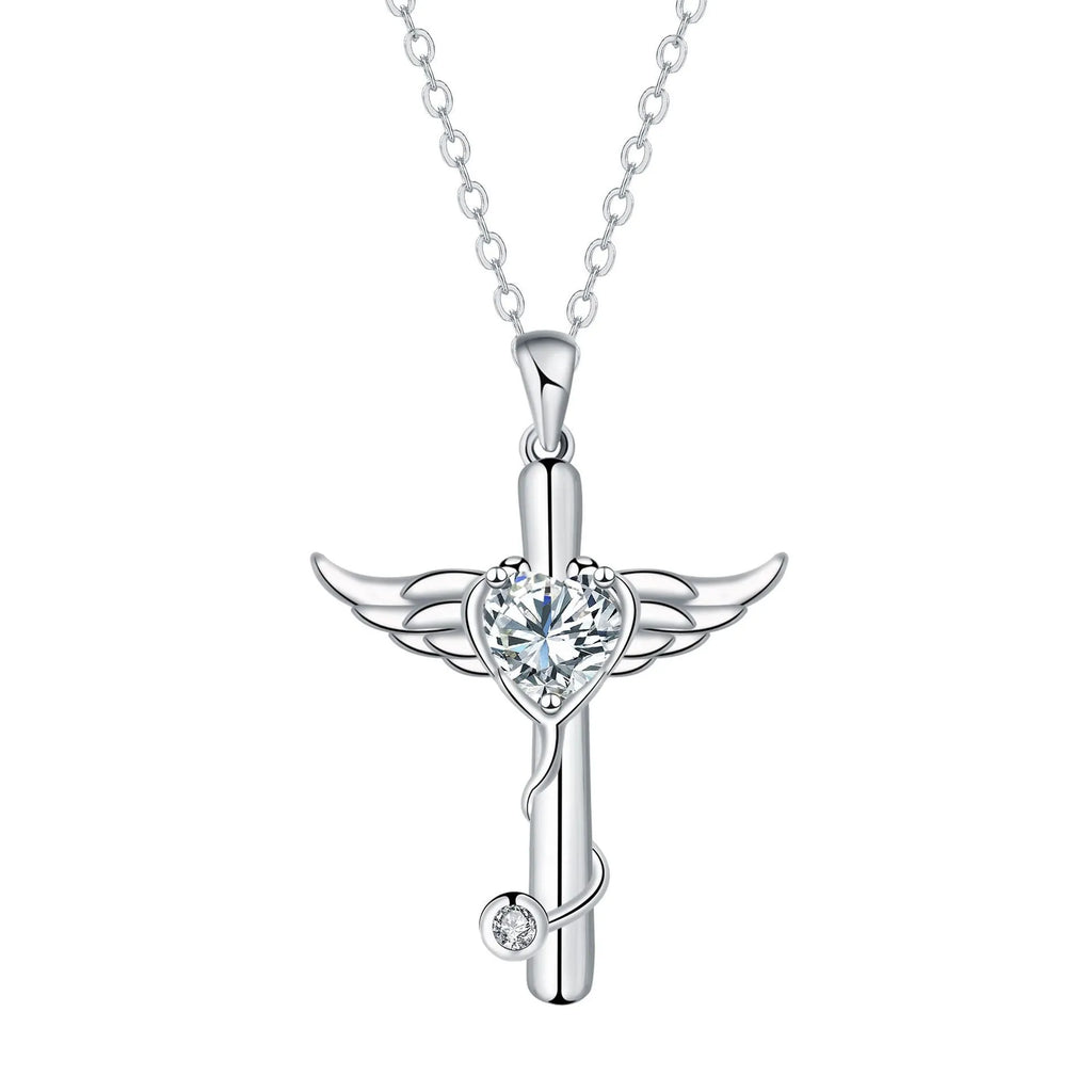 Wings cross stethoscope necklace in electroplated copper available in white or red diamond colours