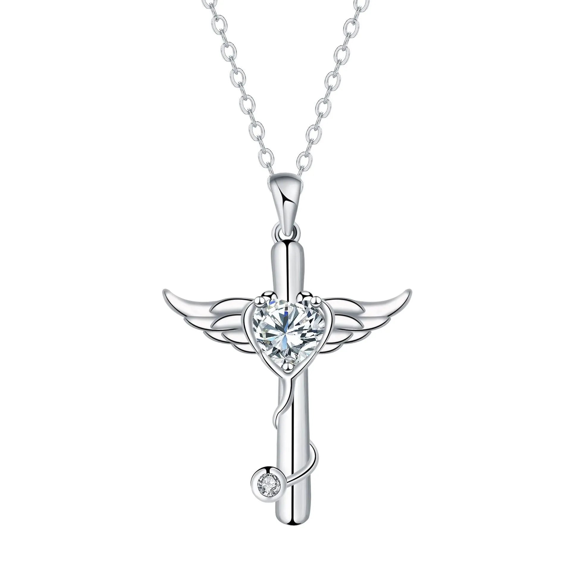 Wings cross stethoscope necklace in electroplated copper available in white or red diamond colours