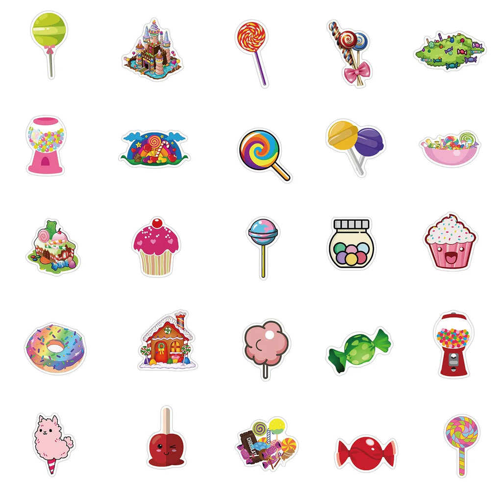 50 colourful Candy graffiti stickers with cartoon designs measuring 4-6cm