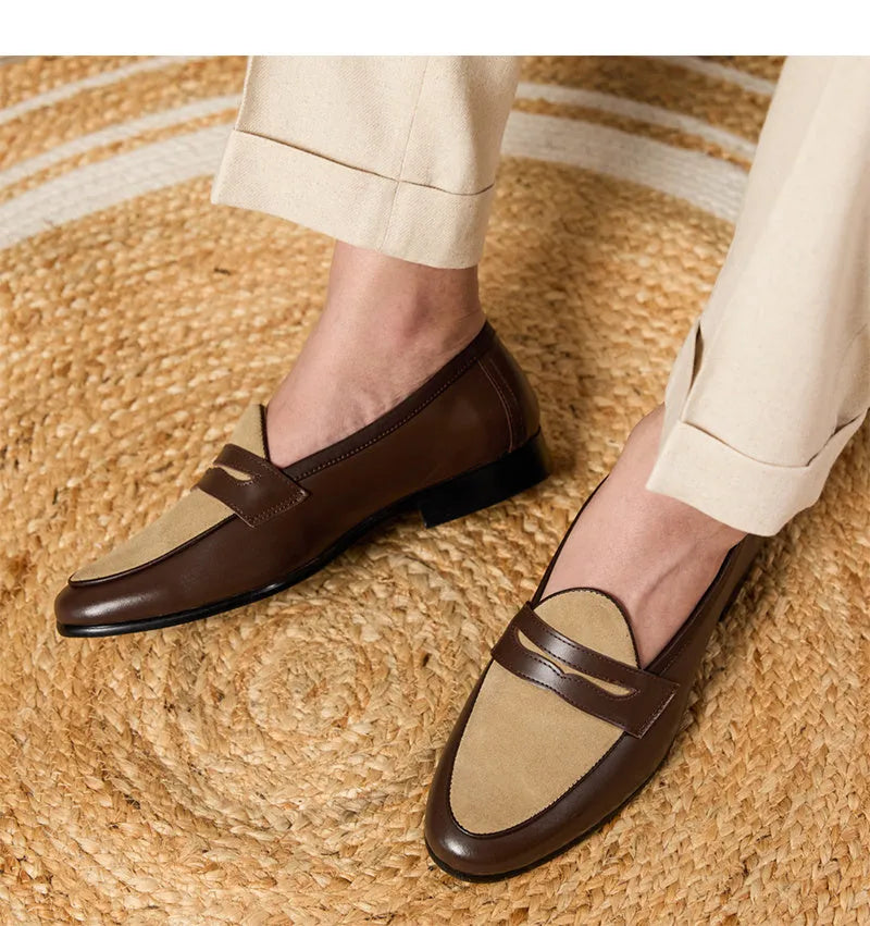 Coffee grey suede loafers with one-kick closure and rubber sole