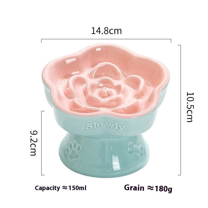 Black ceramic pet bowl with high foot and neck design for anti-tumble feeding