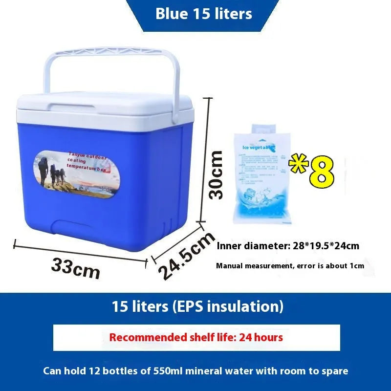 Blue portable insulated cooler box with aluminium foil construction and multiple capacity options.