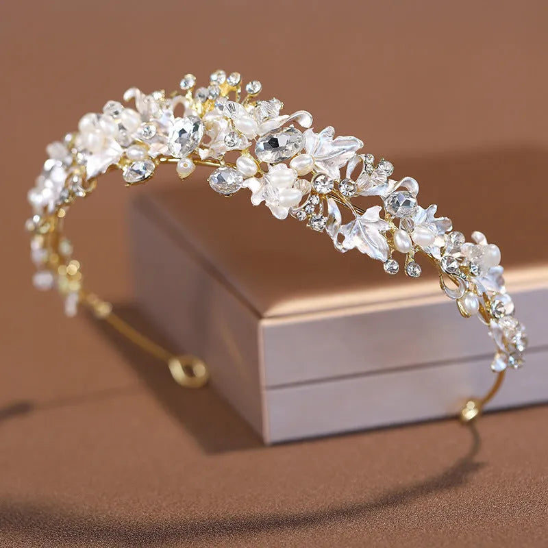 Alloy pearl crown headdress with electroplated gold finish for formal events
