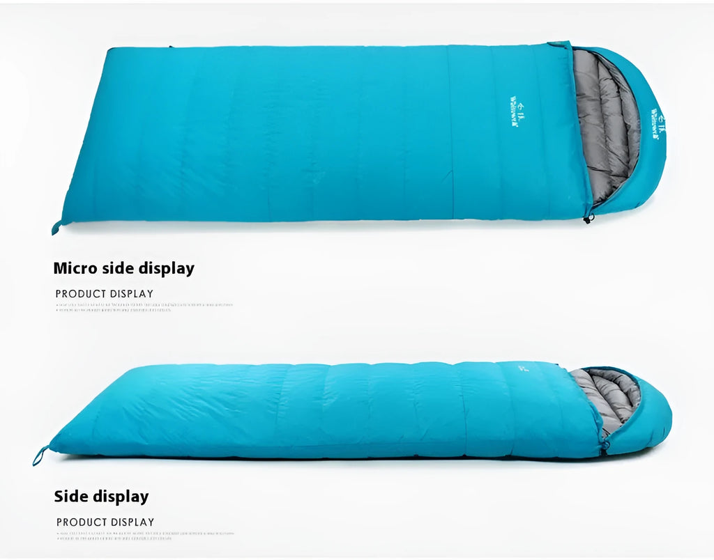 Black outdoor sleeping bag with white goose down filling and durable nylon fabric.