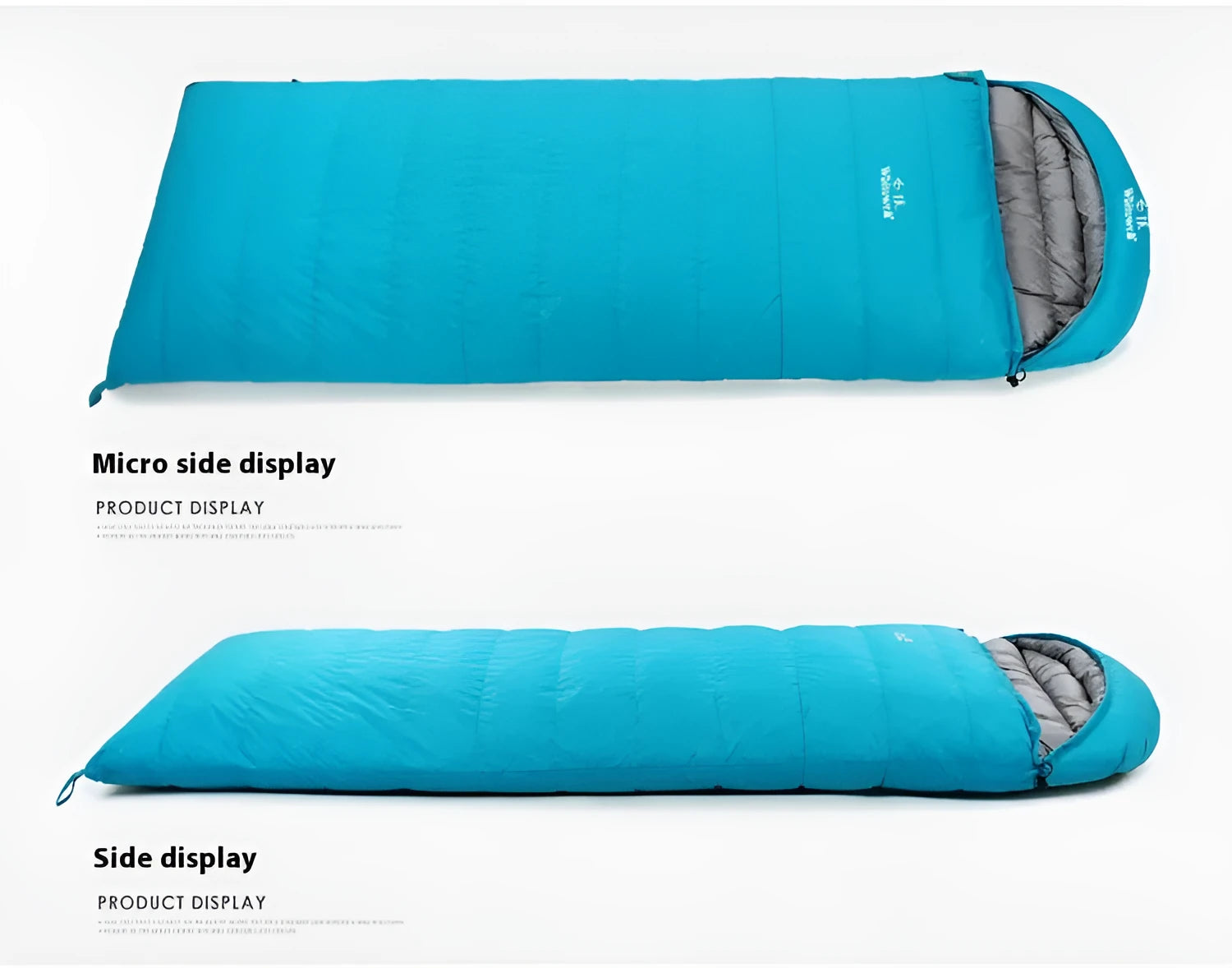 Black outdoor sleeping bag with white goose down filling and durable nylon fabric.